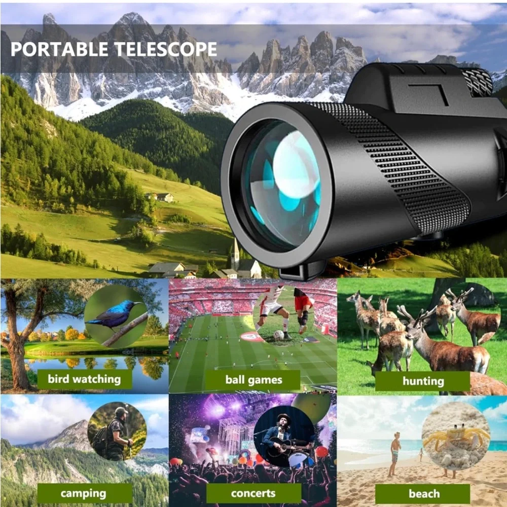HD Portable Telescope w Tripod Smartphone Mount Case Cloth Compass Monocular